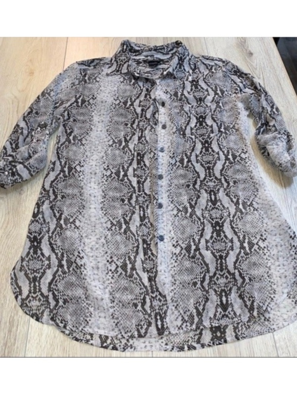 Moda International Snake-Print Tunic Gray Black button up shirt button down top